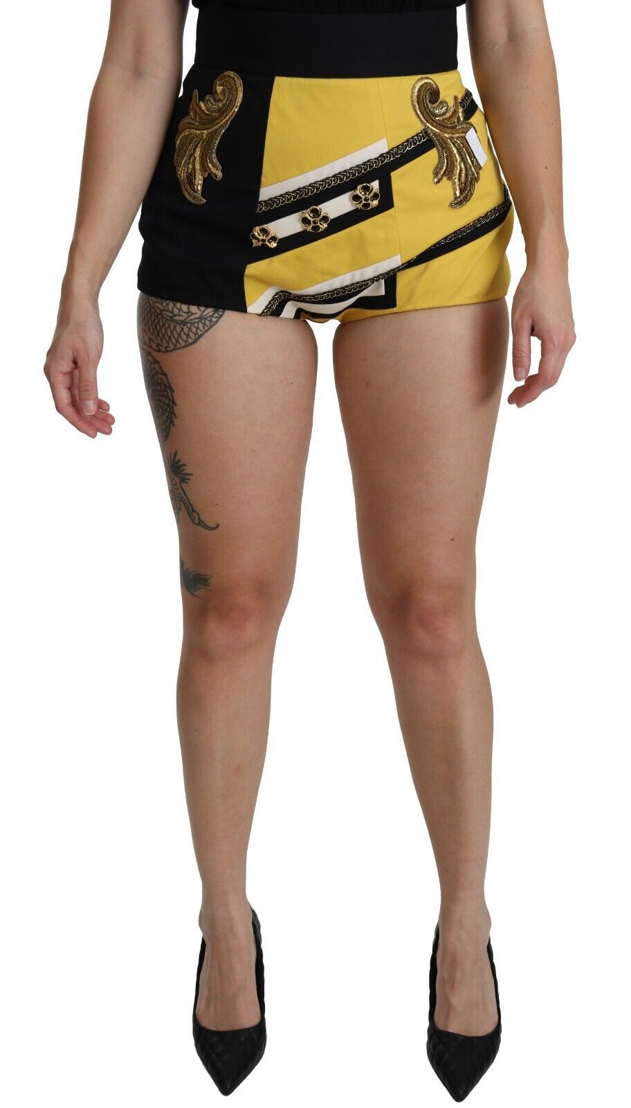 Dolce & Gabbana Yellow Black Cotton Jewelled Hot Pants Women's Shorts