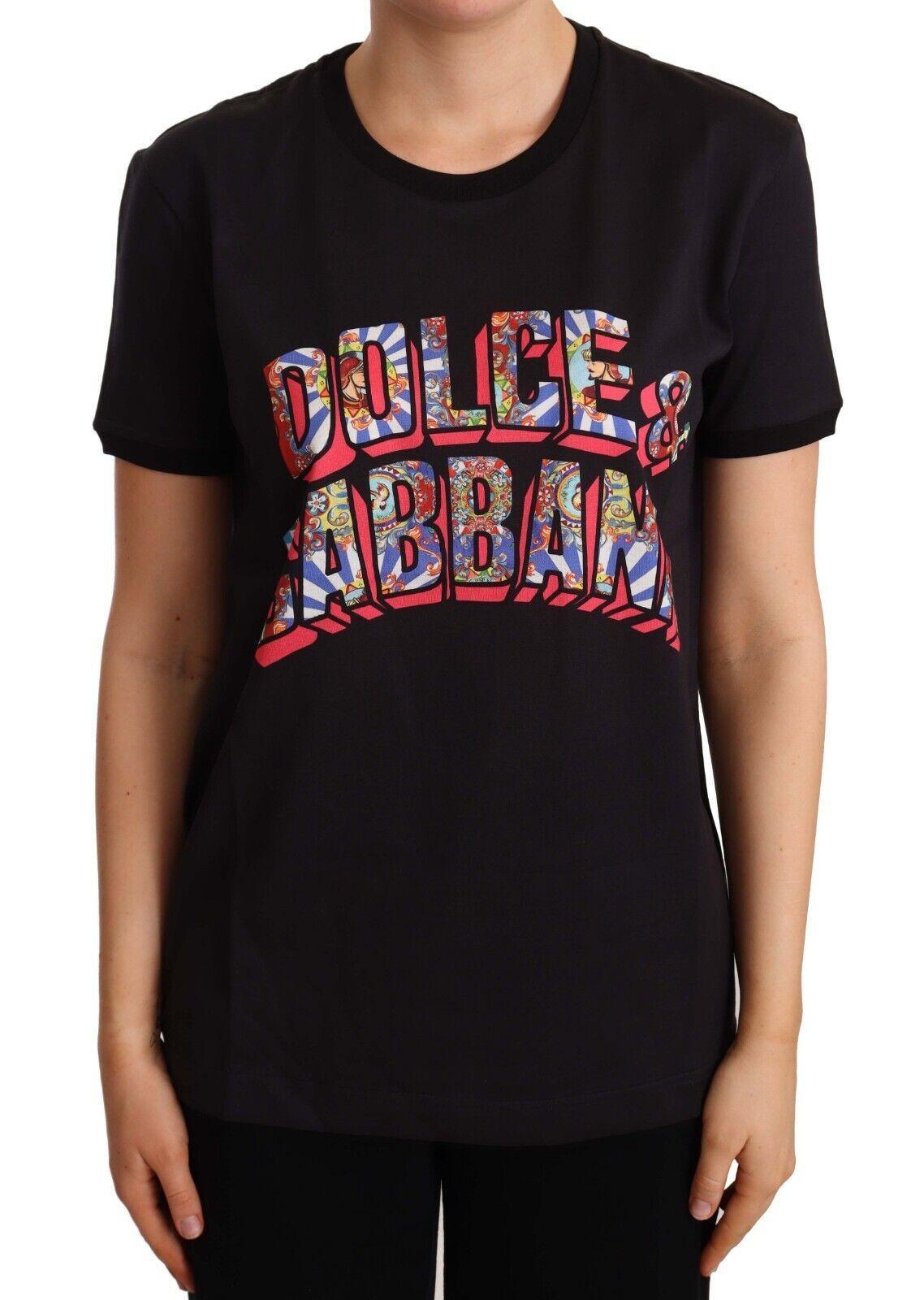 Dolce & Gabbana Black Cotton Large Print Top Crewneck Women's T-shirt