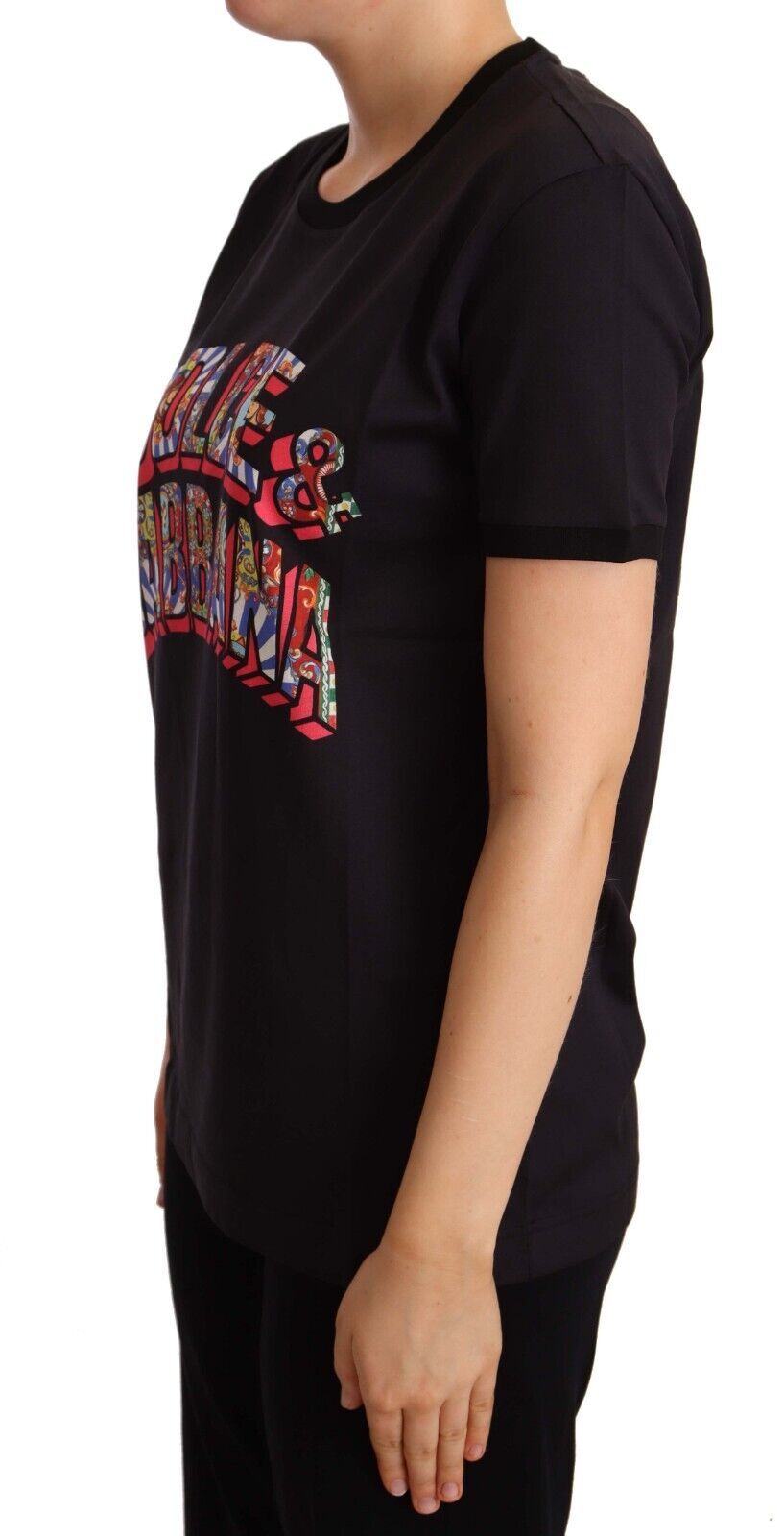Dolce & Gabbana Black Cotton Large Print Top Crewneck Women's T-shirt