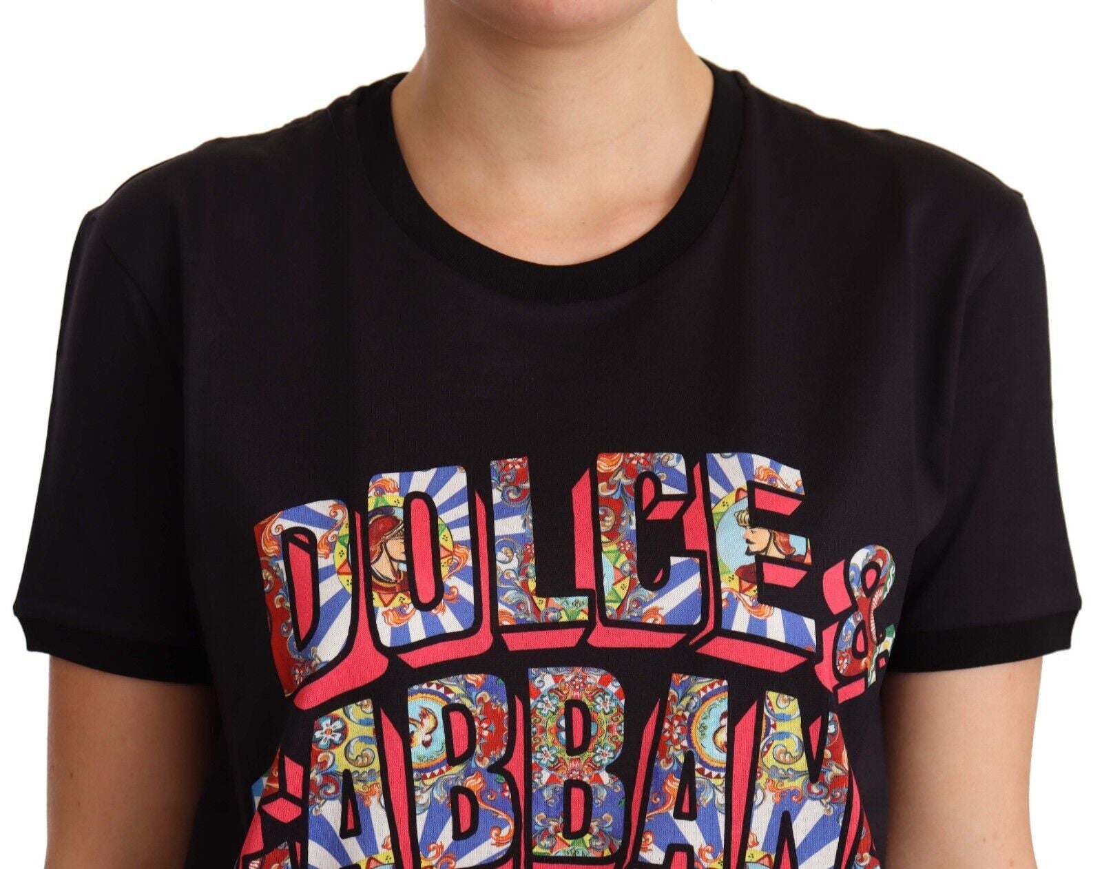 Dolce & Gabbana Black Cotton Large Print Top Crewneck Women's T-shirt