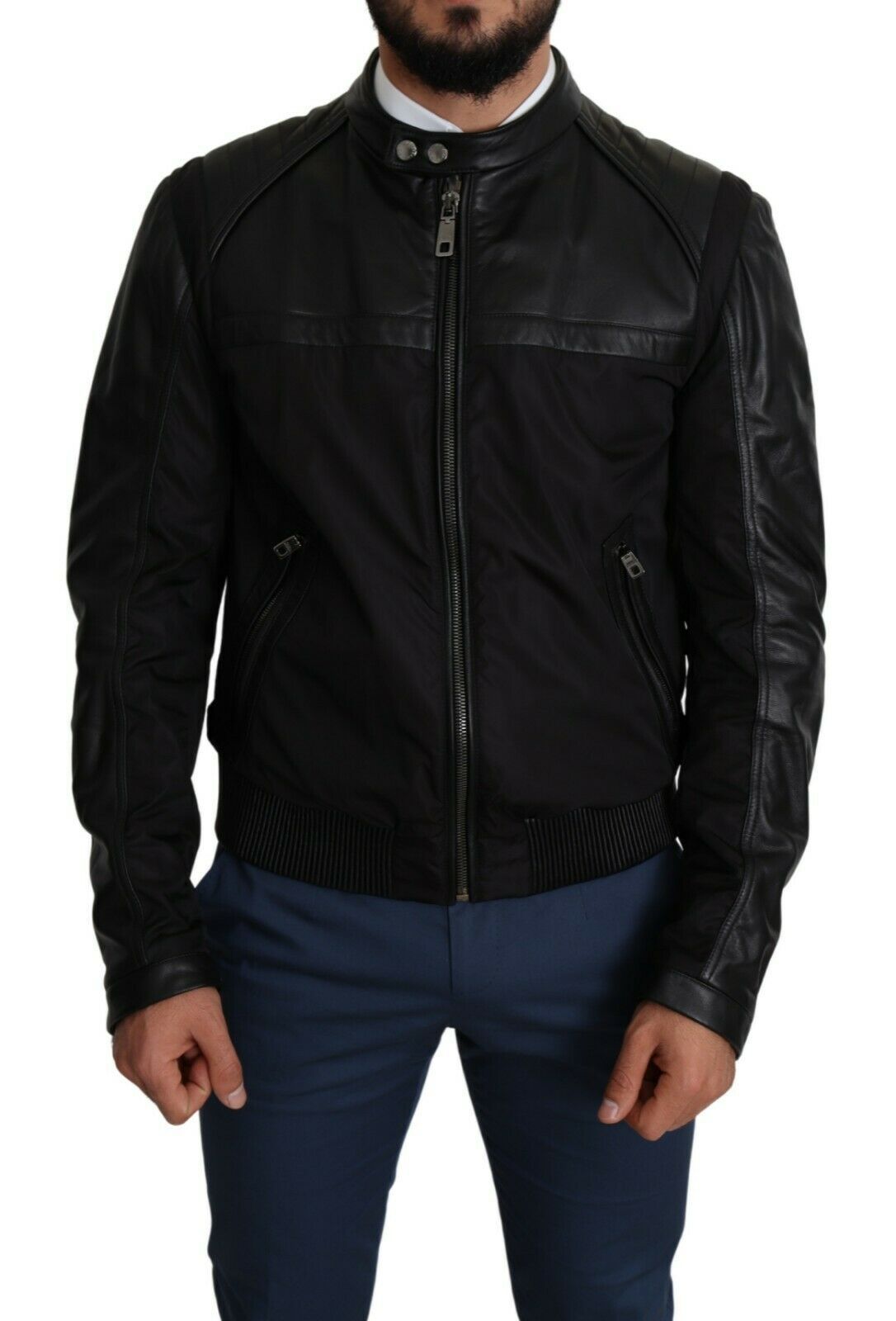 Dolce & Gabbana Elegant Black Bomber with Leather Men's Accents