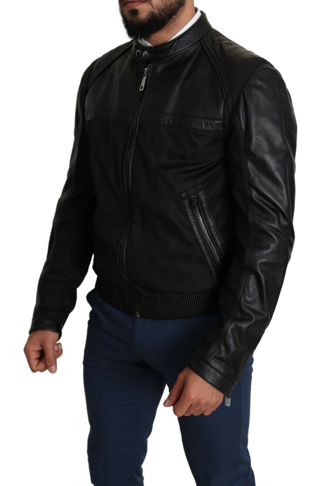 Dolce & Gabbana Elegant Black Bomber with Leather Men's Accents
