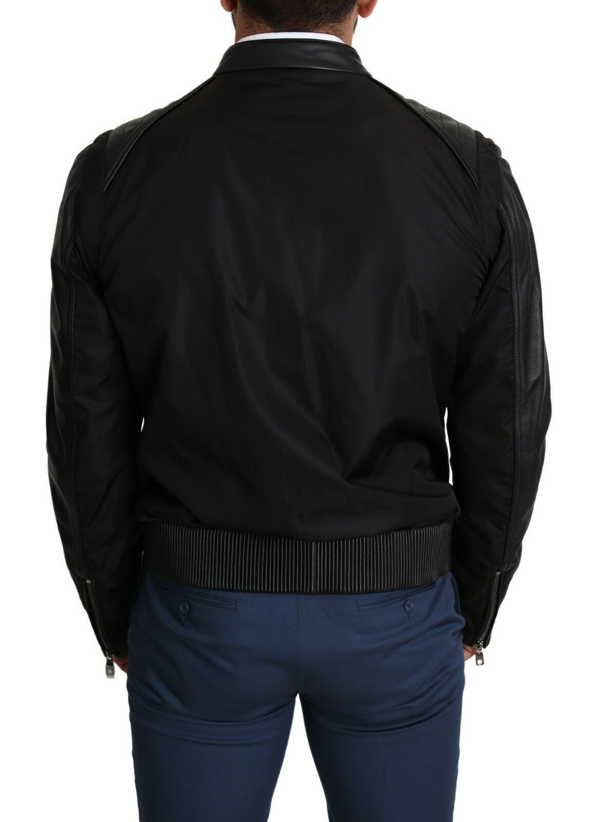 Dolce & Gabbana Elegant Black Bomber with Leather Men's Accents
