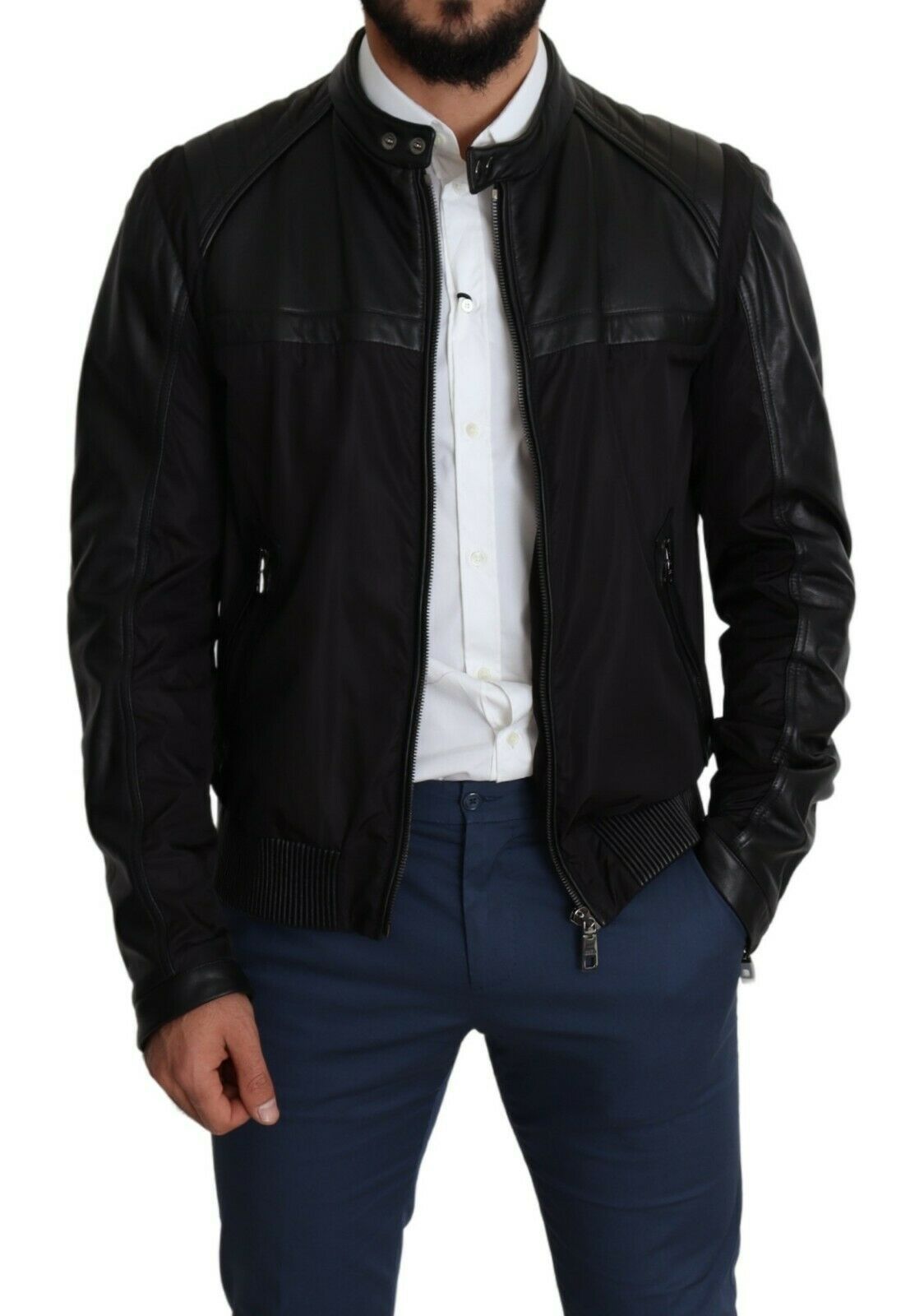 Dolce & Gabbana Elegant Black Bomber with Leather Men's Accents