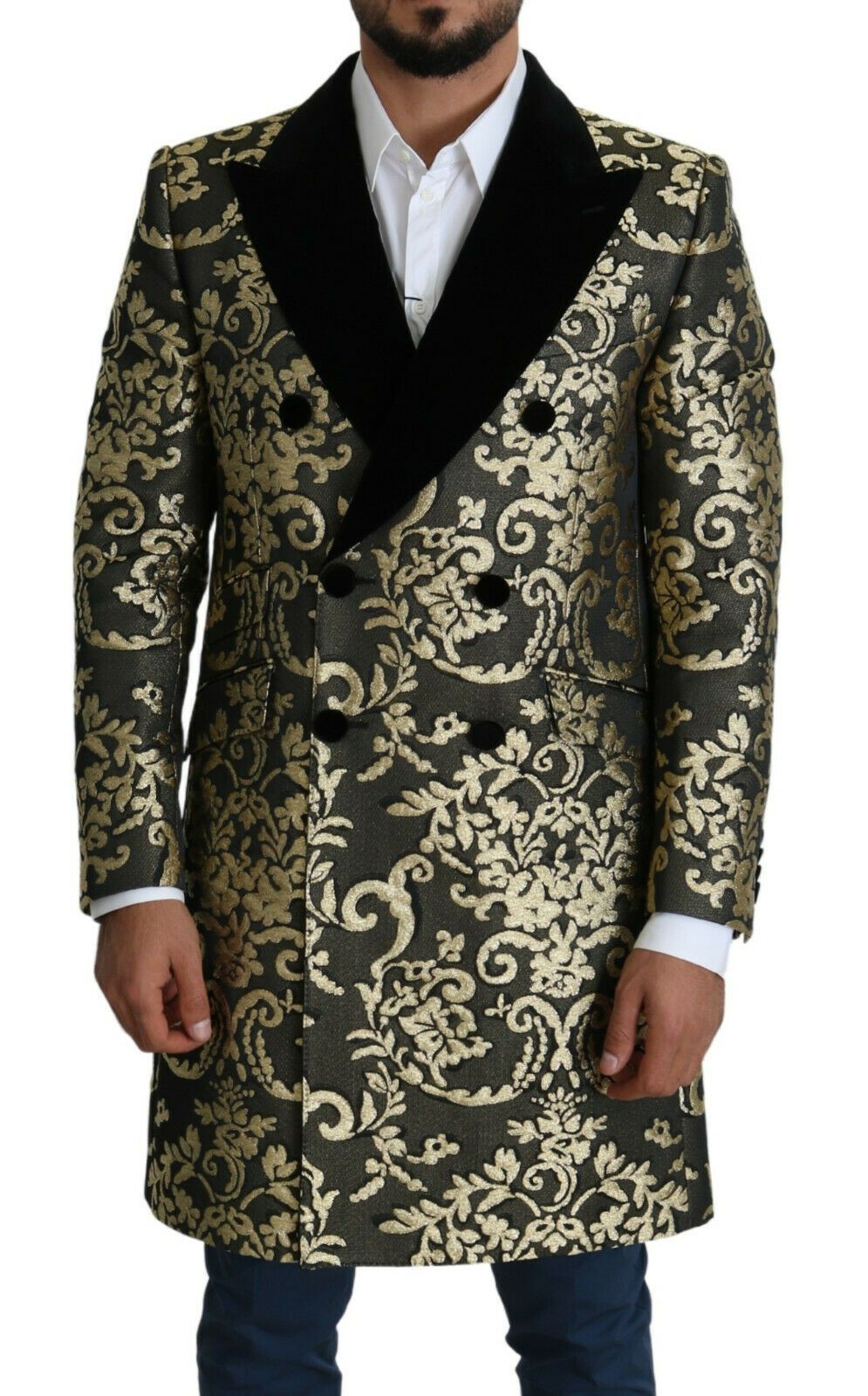 Dolce & Gabbana Gold Black Sicilia Jacquard Double-Breasted Men's Coat