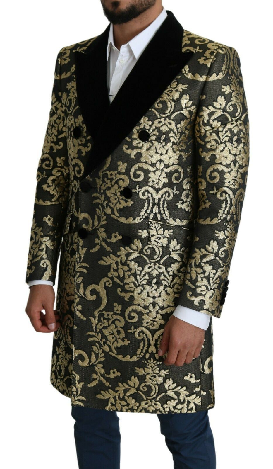 Dolce & Gabbana Gold Black Sicilia Jacquard Double-Breasted Men's Coat