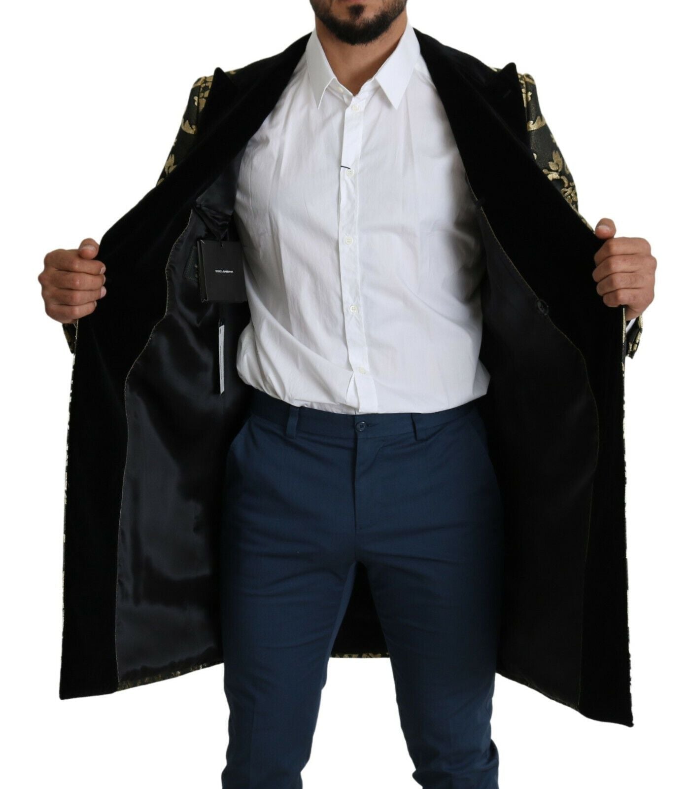 Dolce & Gabbana Gold Black Sicilia Jacquard Double-Breasted Men's Coat