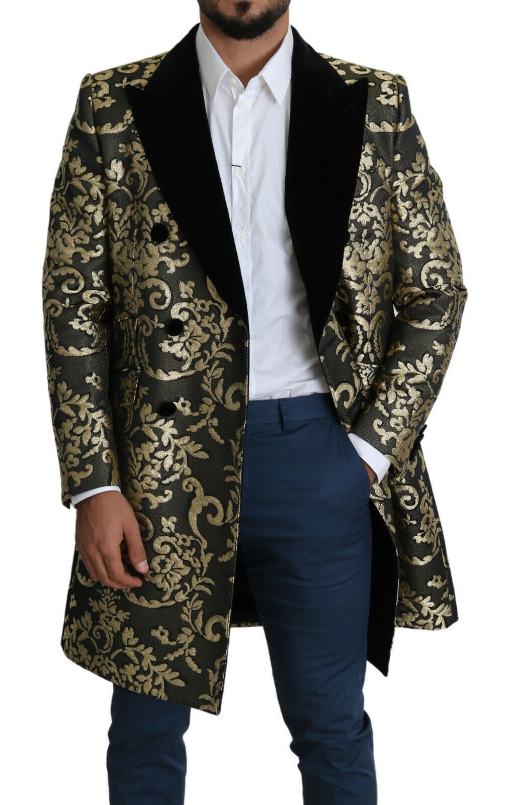 Dolce & Gabbana Black Gold Jacquard Long Coat SICILIA Men's Jacket