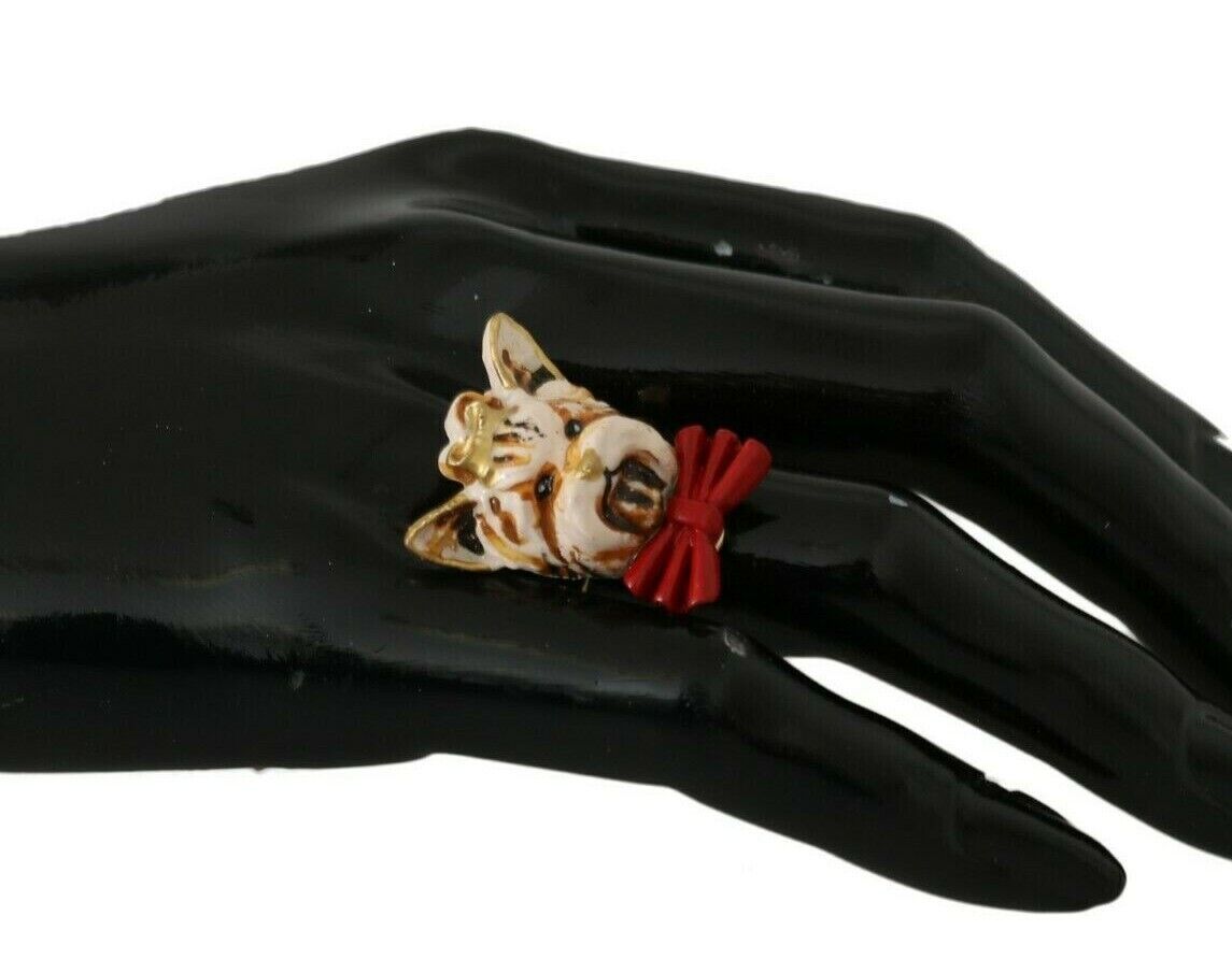 Dolce & Gabbana Beige Dog Pet Branded Accessory Gold Brass Resin Women's Ring