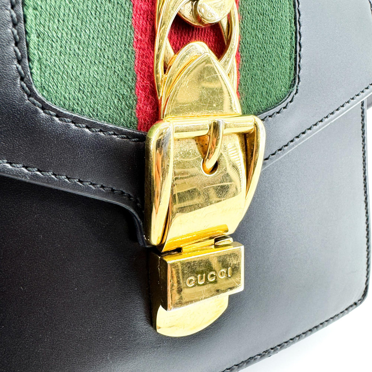 Gucci Sylvie Top Handle Leather Black Leather Handbag (Pre-Owned)
