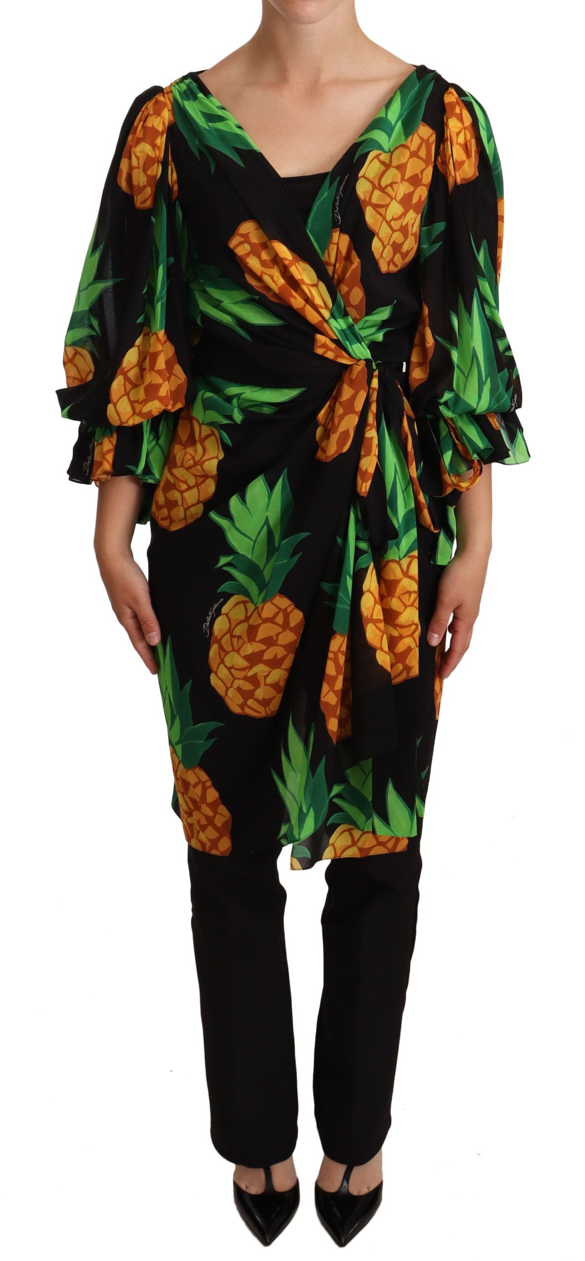 Dolce & Gabbana Black Ananas Print Wrap Stretch Silk Women's Dress