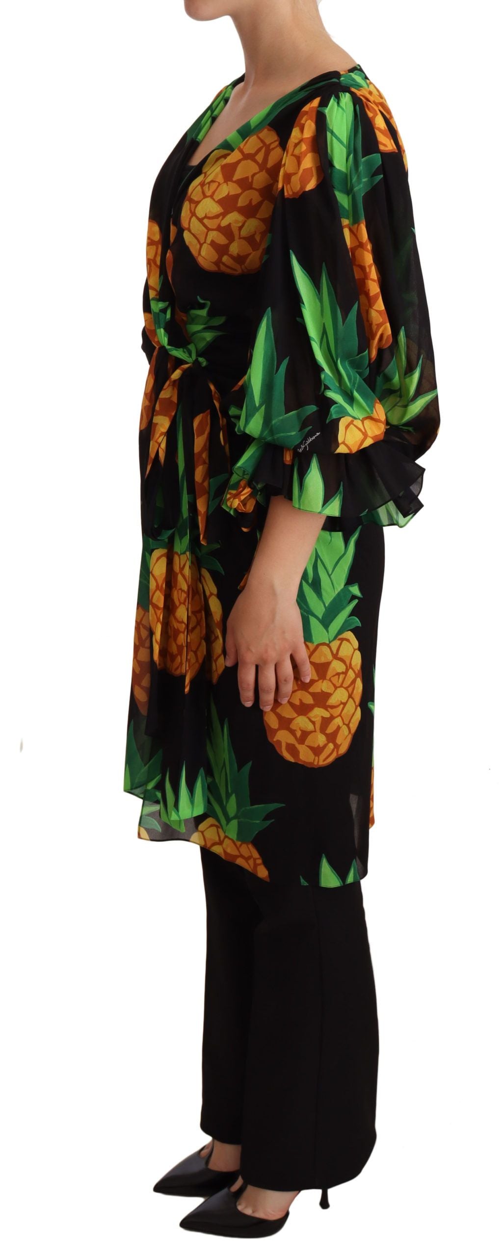 Dolce & Gabbana Black Ananas Print Wrap Stretch Silk Women's Dress