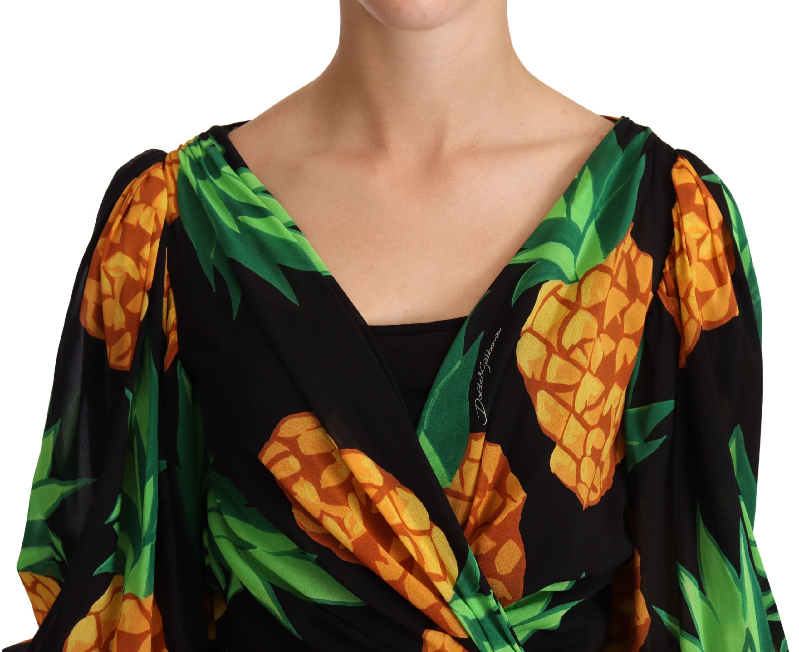 Dolce & Gabbana Black Ananas Print Wrap Stretch Silk Women's Dress
