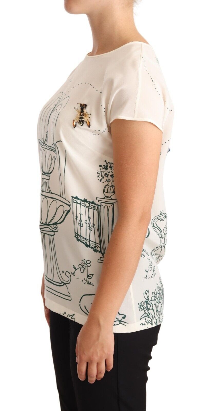 Dolce & Gabbana White Silk Garden Fountain T-Shirt Women's Blouse