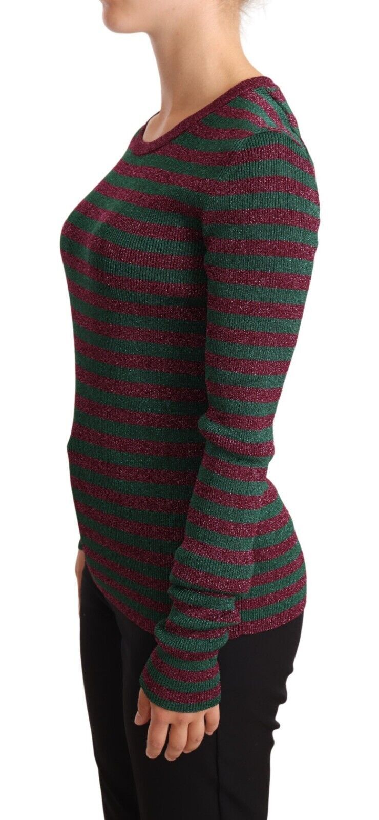 Dolce & Gabbana Elegant Maroon and Green Striped Crewneck Women's Sweater