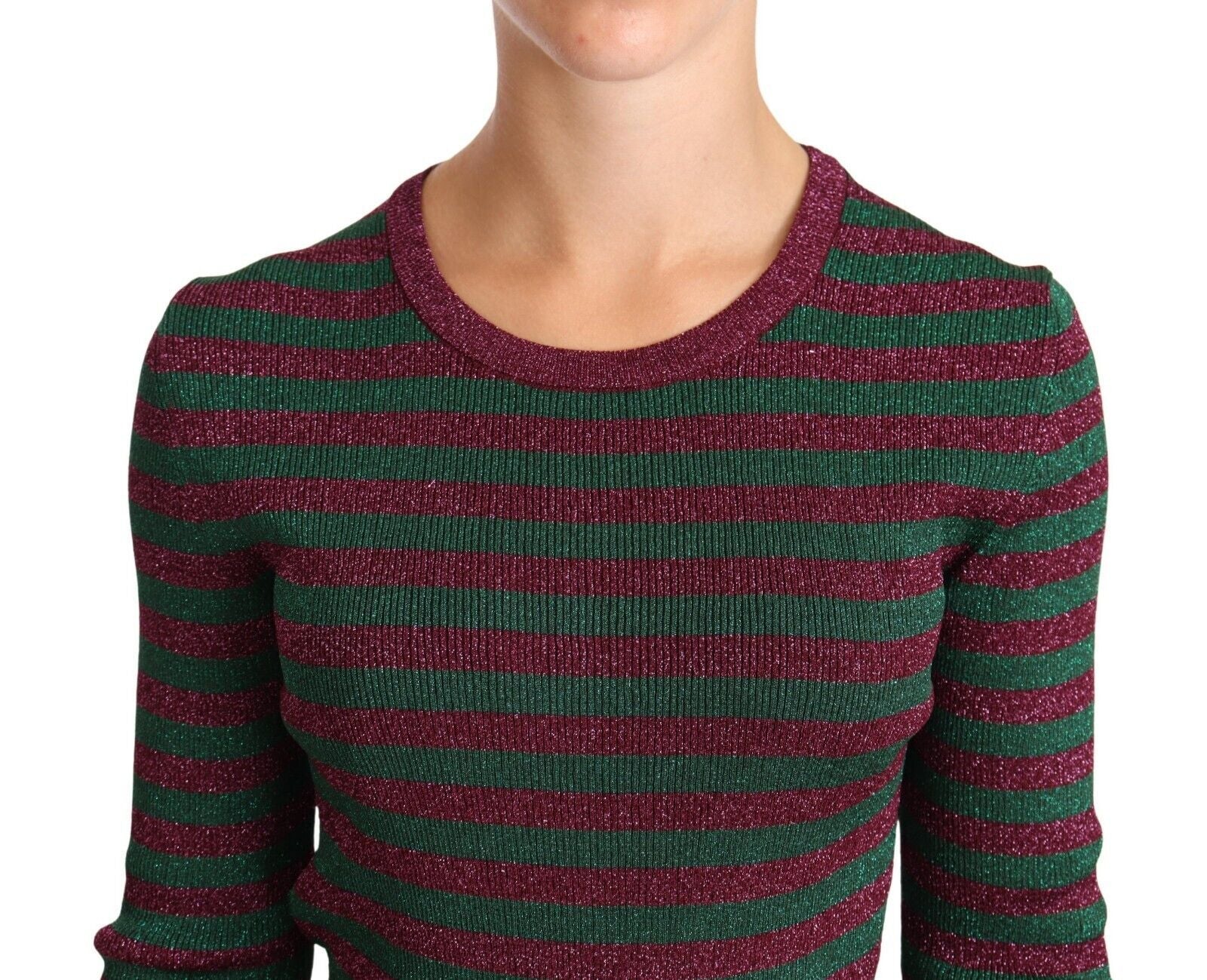 Dolce & Gabbana Elegant Maroon and Green Striped Crewneck Women's Sweater