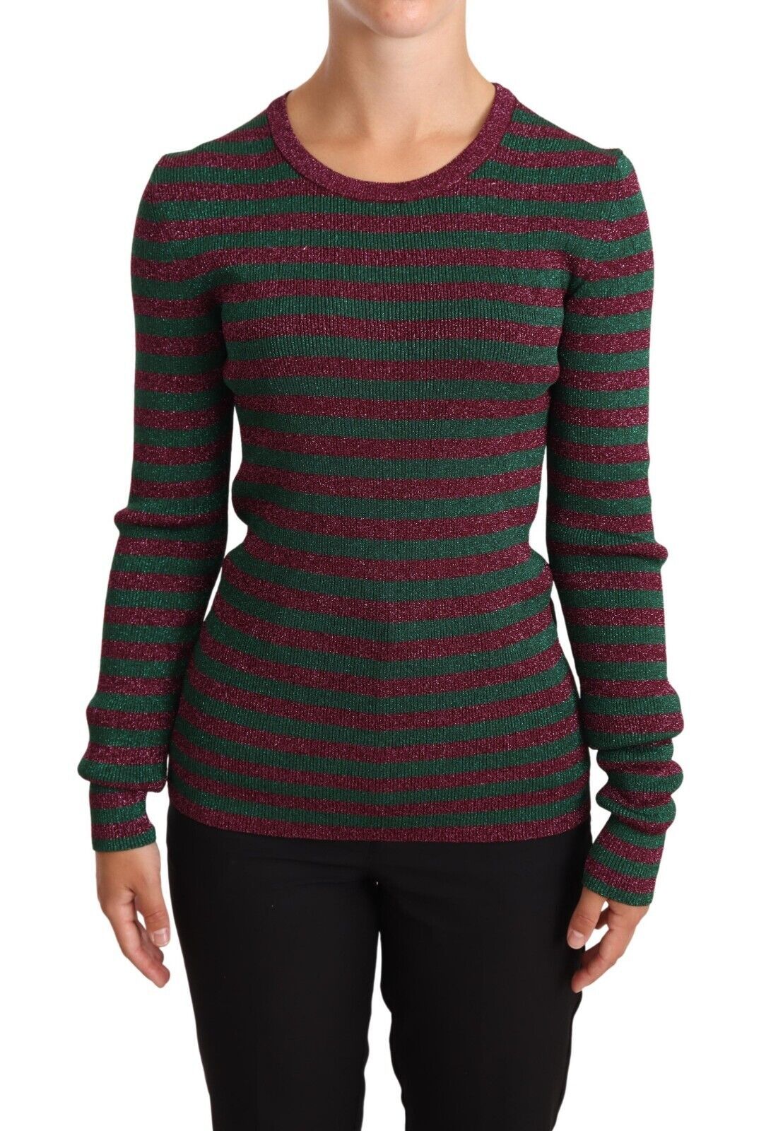 Dolce & Gabbana Elegant Maroon and Green Striped Crewneck Women's Sweater