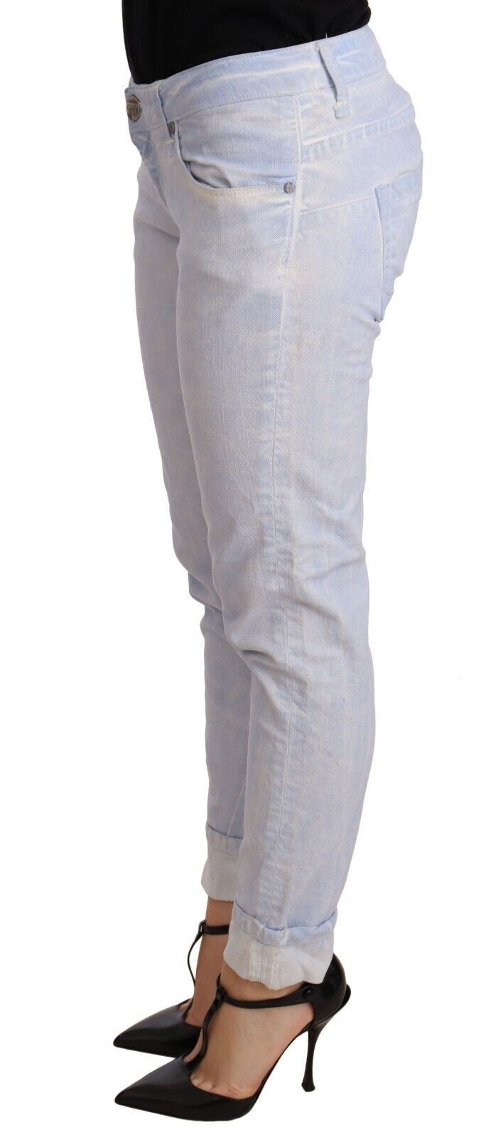 Acht Light Blue Cotton Folded Hem Denim Skinny Women Trouser Women's Jeans