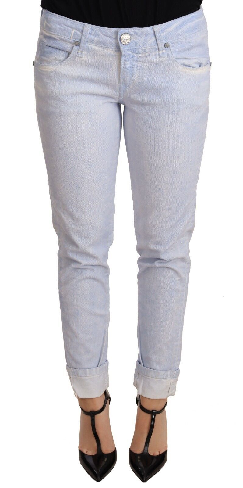 Acht Light Blue Cotton Folded Hem Denim Skinny Women Trouser Women's Jeans