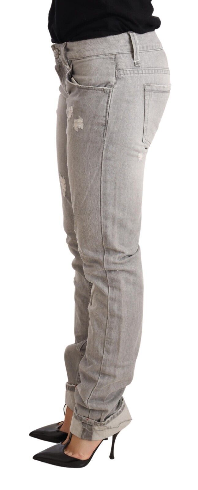 Acht Gray Tattered Cotton Slim Fit Folded Hem Women Denim Women's Jeans