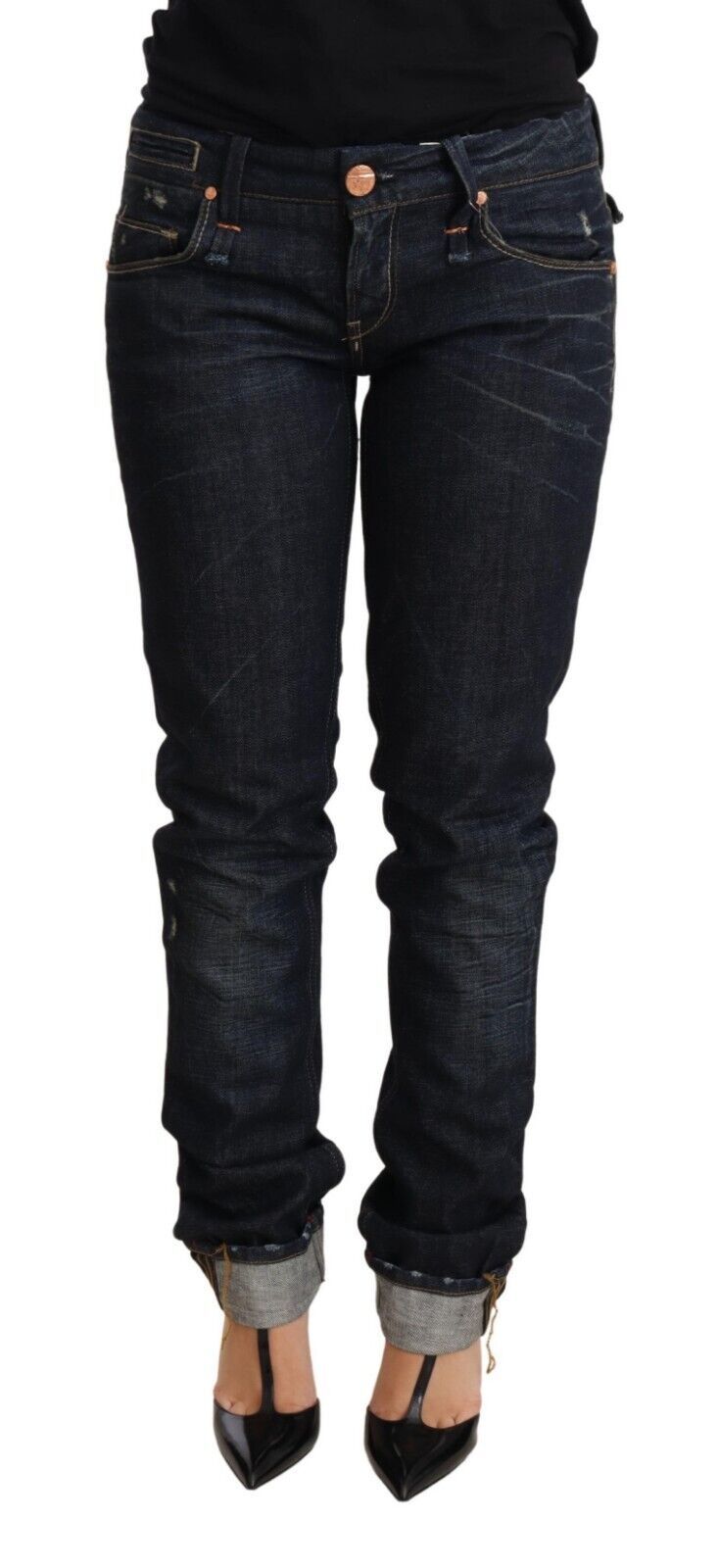 Acht Dark Blue Cotton Slim Fit Folded Hem Women Denim Trouser Women's Jeans