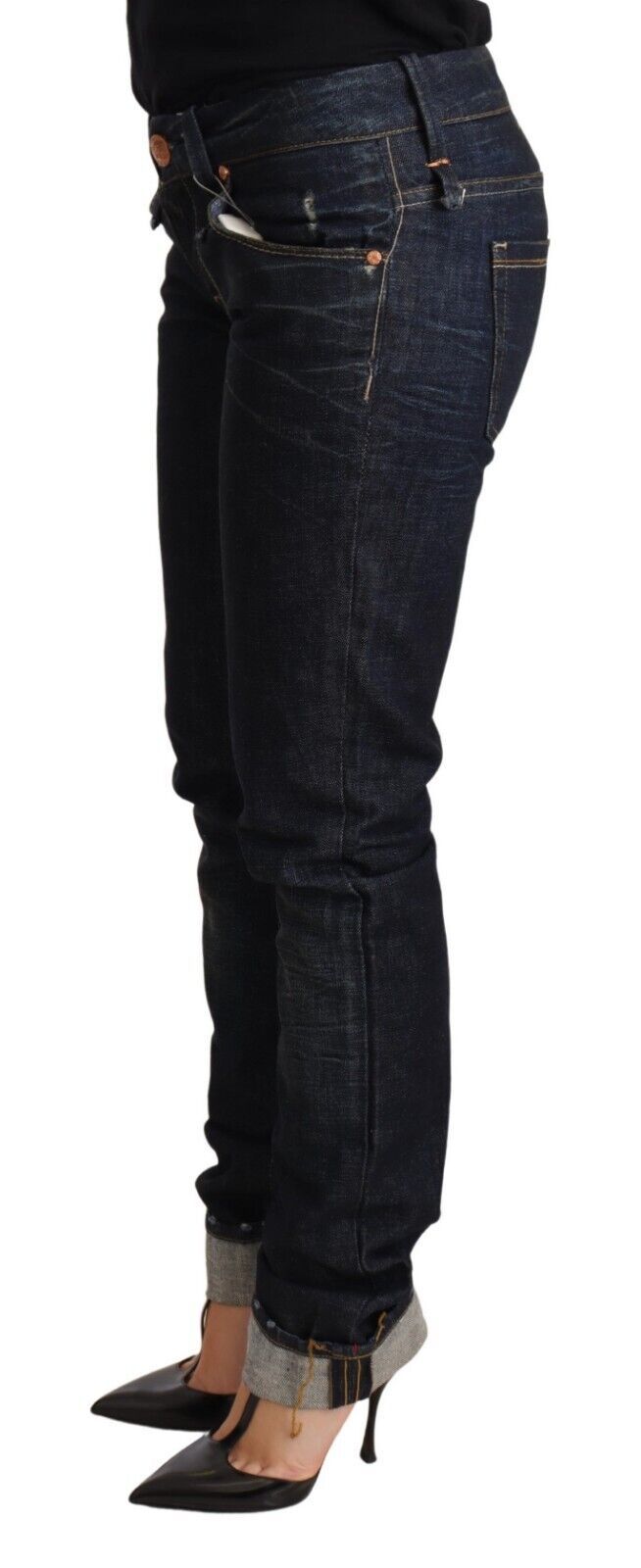 Acht Dark Blue Cotton Slim Fit Folded Hem Women Denim Trouser Women's Jeans