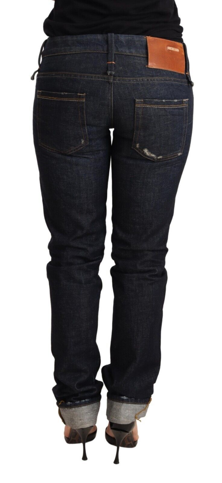 Acht Dark Blue Cotton Slim Fit Folded Hem Women Denim Trouser Women's Jeans