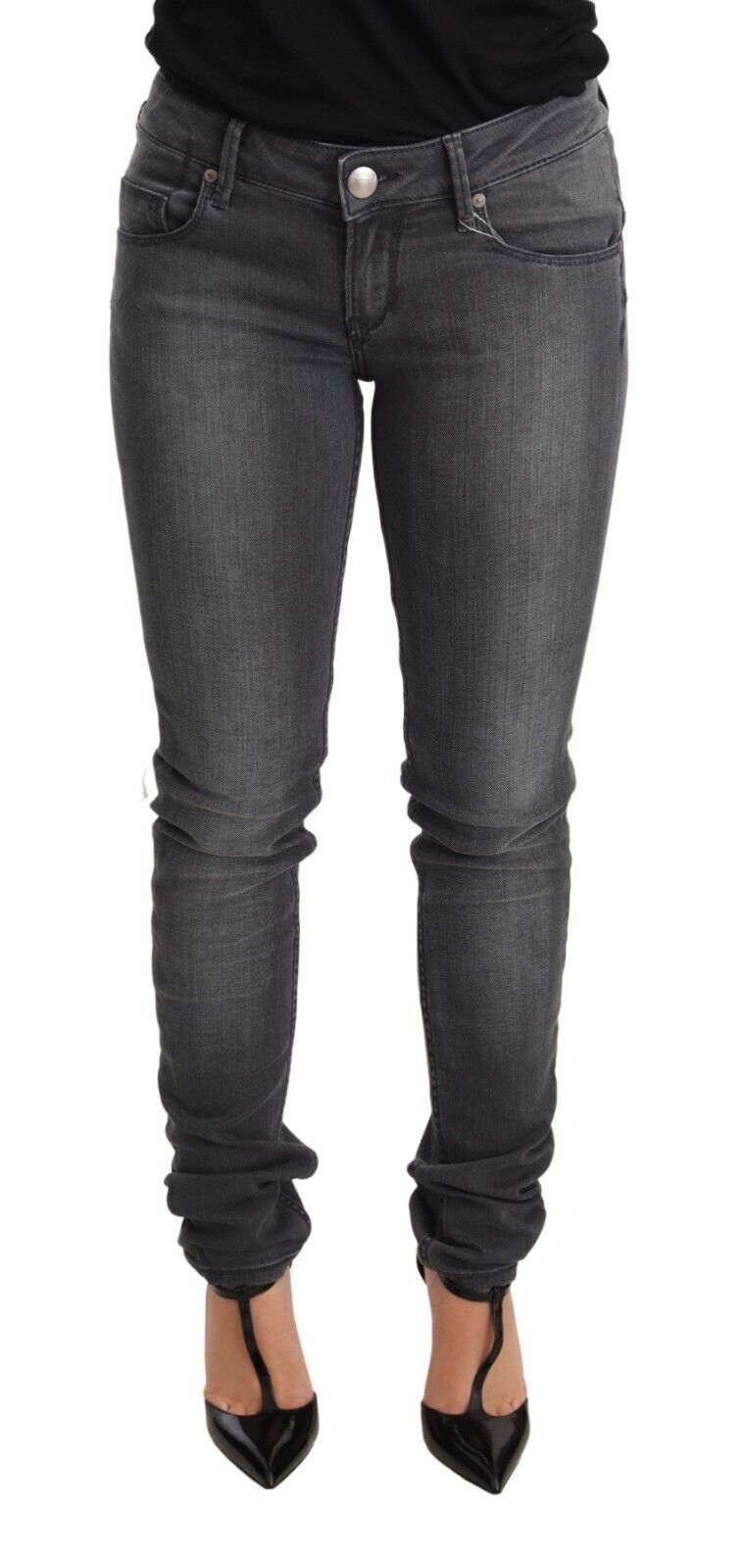 Acht Gray Washed Cotton Slim Fit Low Waist Women Denim Trouser Women's Jeans