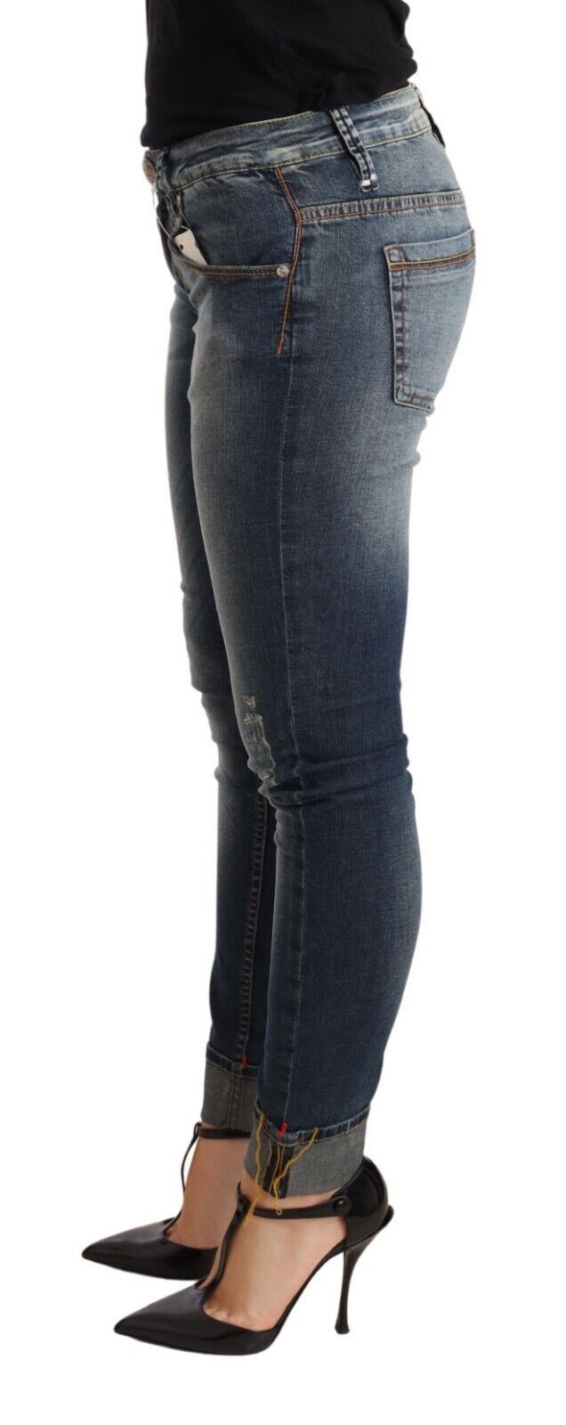 Acht Blue Washed Cotton Low Waist Skinny Denim Women Trouser Women's Jeans