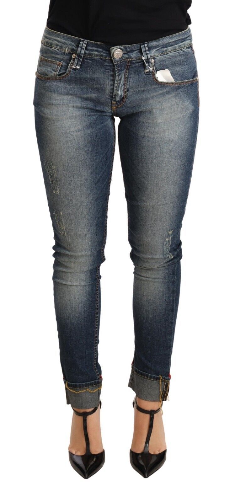 Acht Blue Washed Cotton Low Waist Skinny Denim Women Trouser Women's Jeans