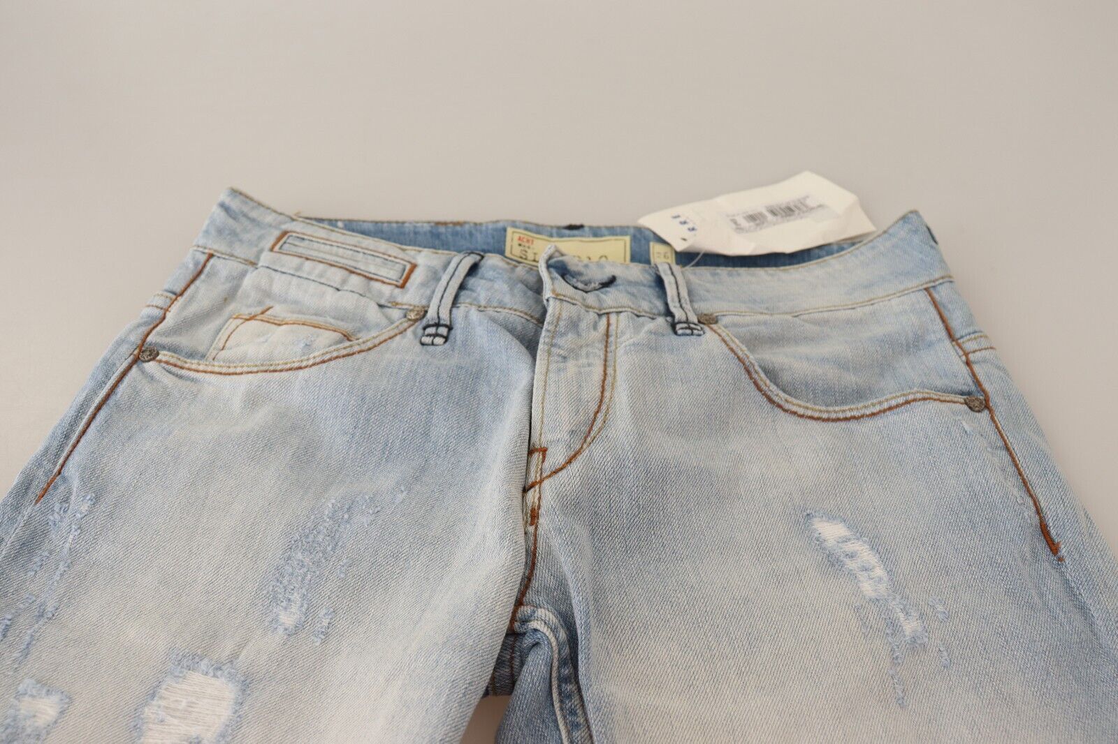 Acht Light Blue Distressed Cotton Folded Hem Denim Trouser Women's Jeans