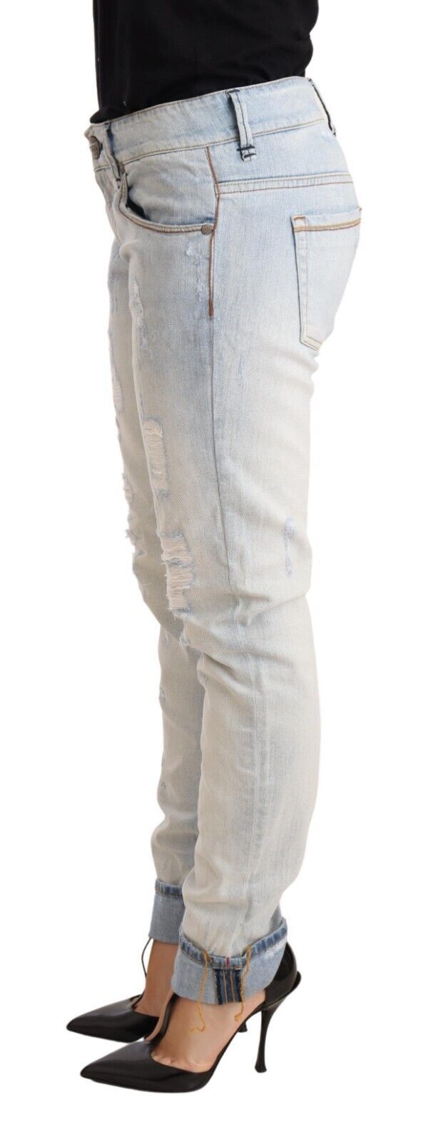 Acht Light Blue Distressed Cotton Folded Hem Denim Trouser Women's Jeans