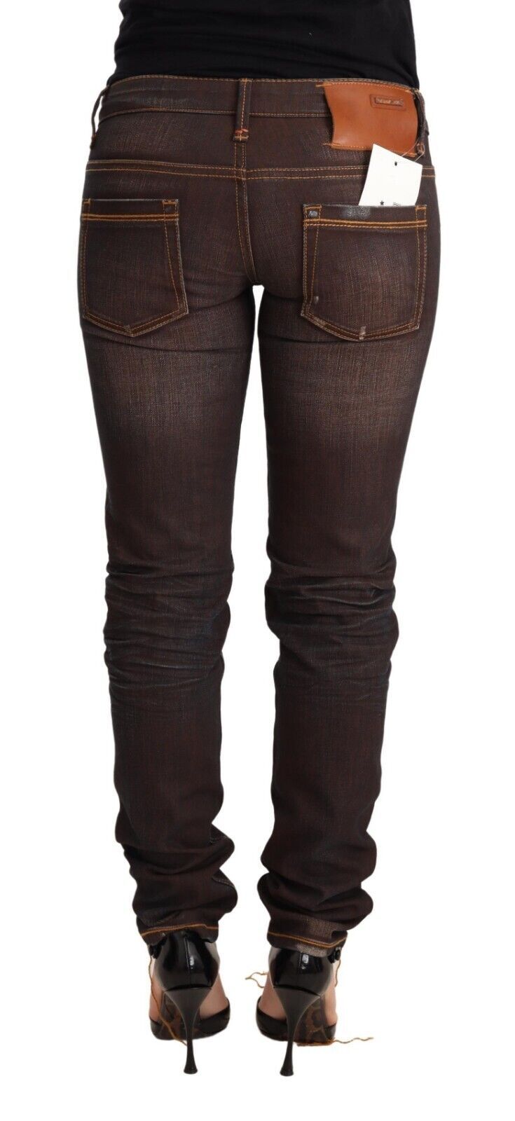 Acht Brown Washed Cotton Slim Fit Denim Low Waist Trouser Women's Jeans
