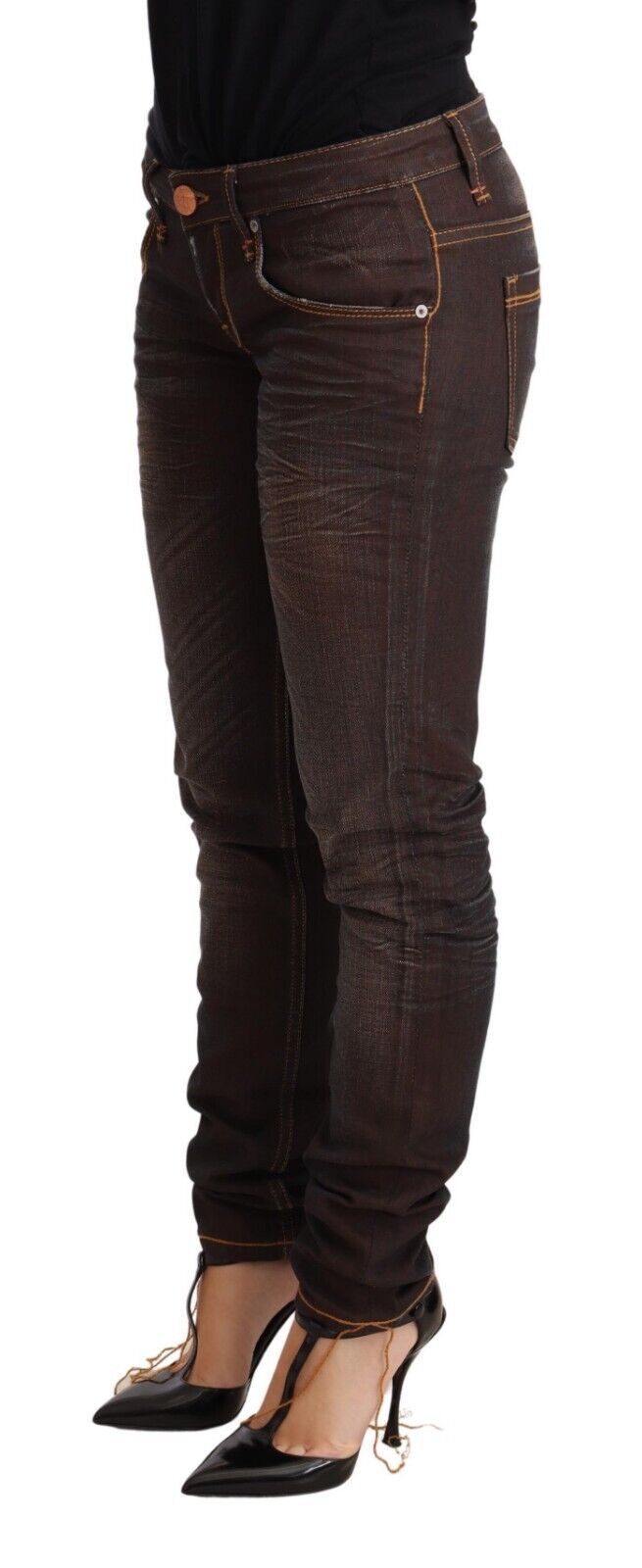 Acht Brown Washed Cotton Slim Fit Denim Low Waist Trouser Women's Jeans