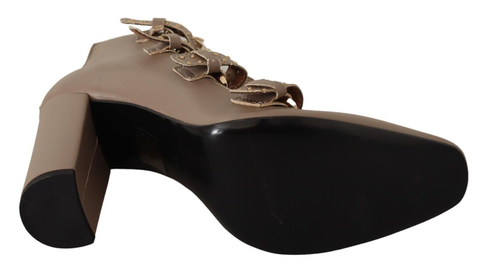 MY TWIN Brown Leather Block Heels Multi Buckle Pumps Women's Shoes