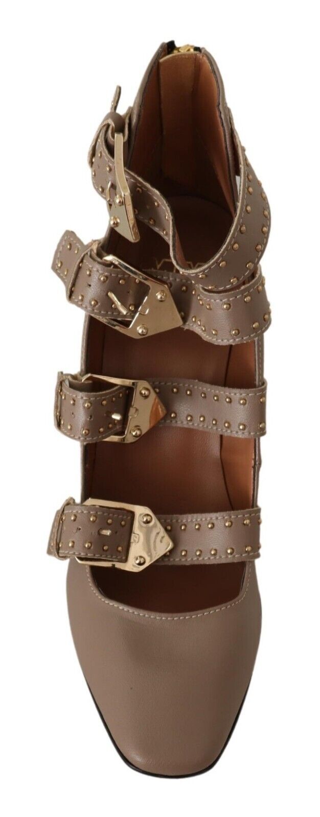 MY TWIN Brown Leather Block Heels Multi Buckle Pumps Women's Shoes