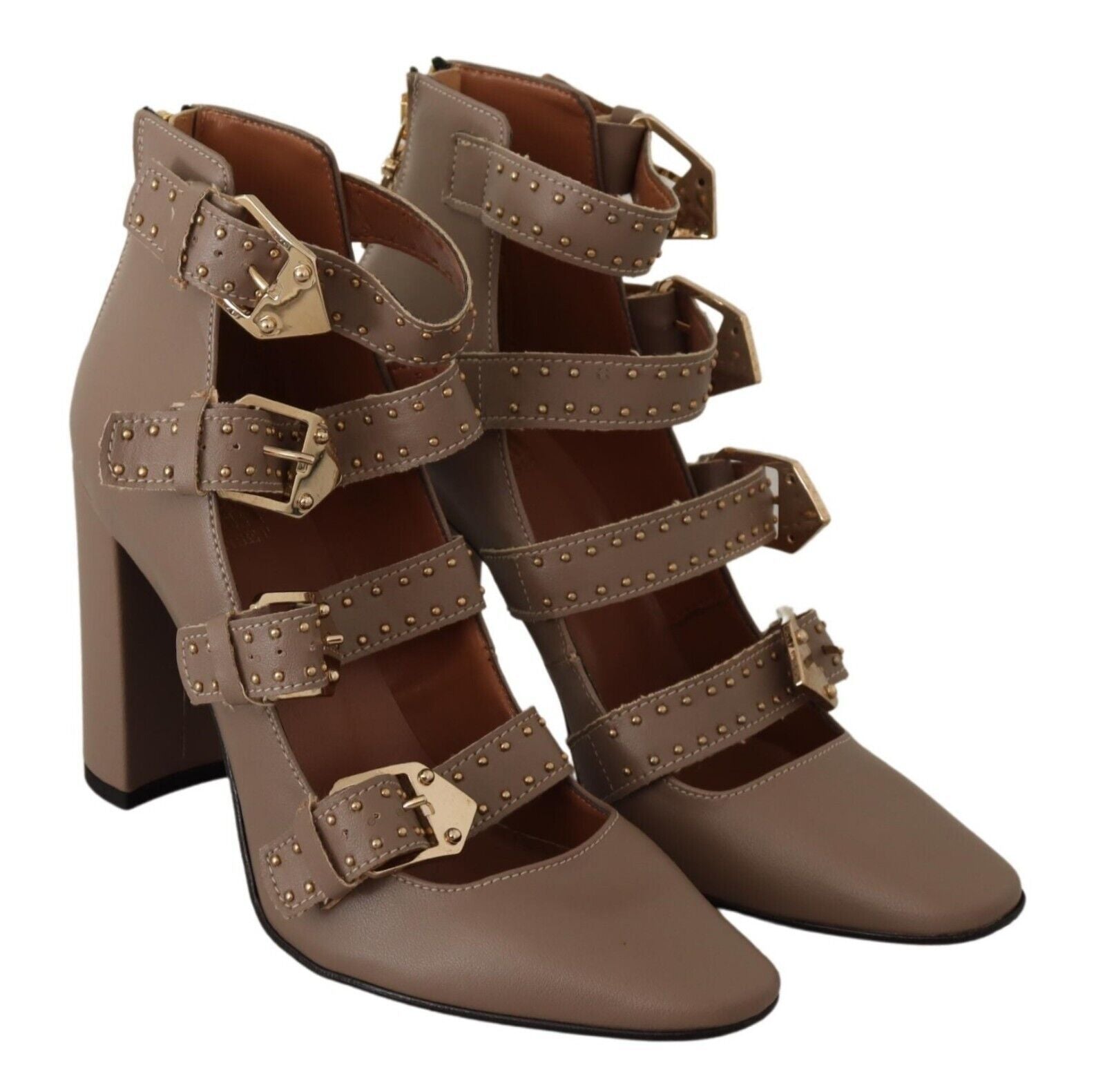 MY TWIN Brown Leather Block Heels Multi Buckle Pumps Women's Shoes