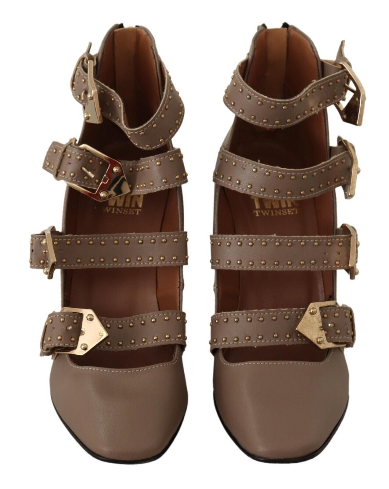 MY TWIN Brown Leather Block Heels Multi Buckle Pumps Women's Shoes