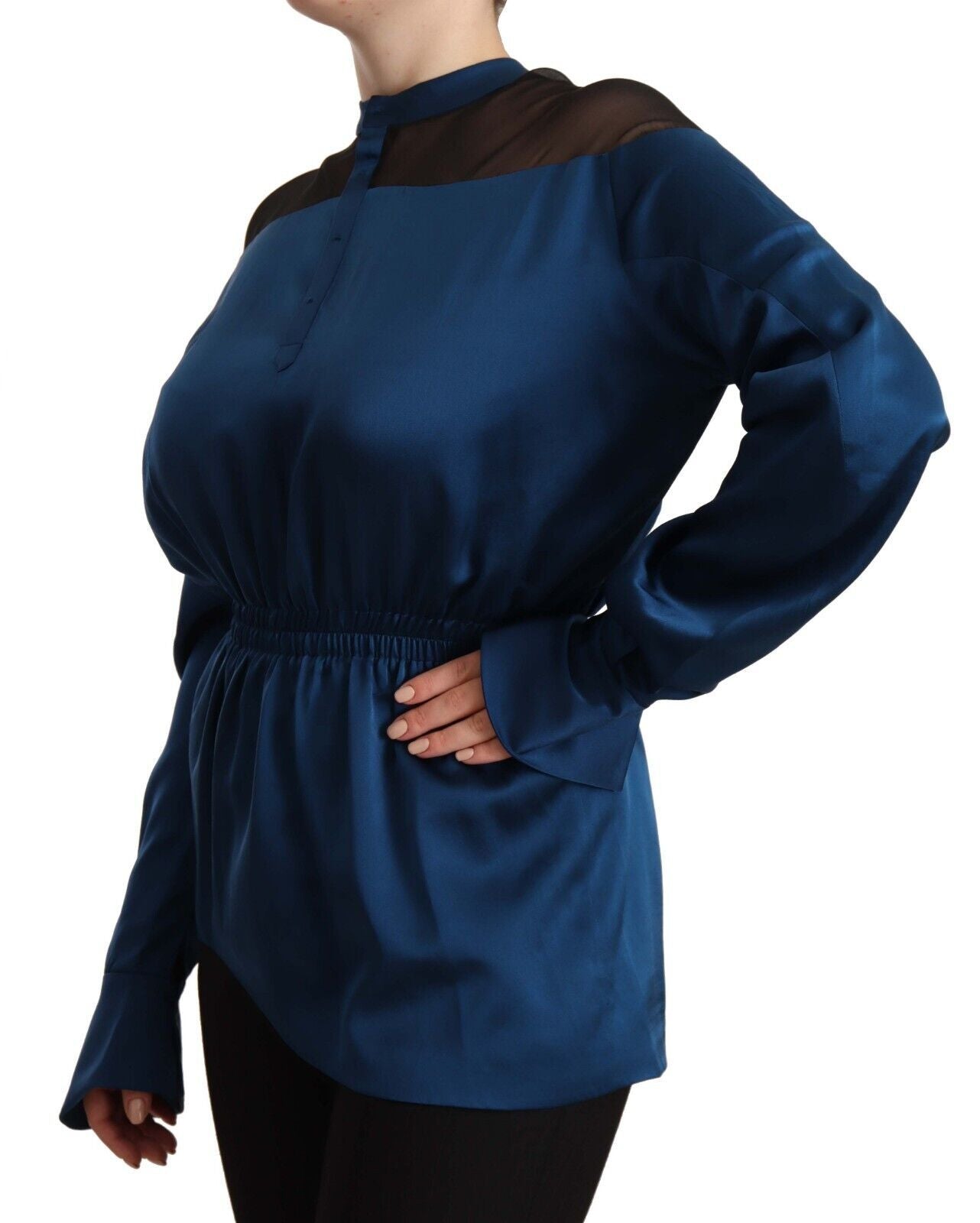Masha Ma Blue Silk Long Sleeves Elastic Waist Top Women's Blouse