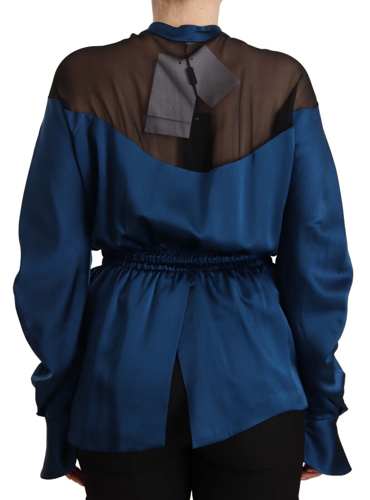 Masha Ma Blue Silk Long Sleeves Elastic Waist Top Women's Blouse