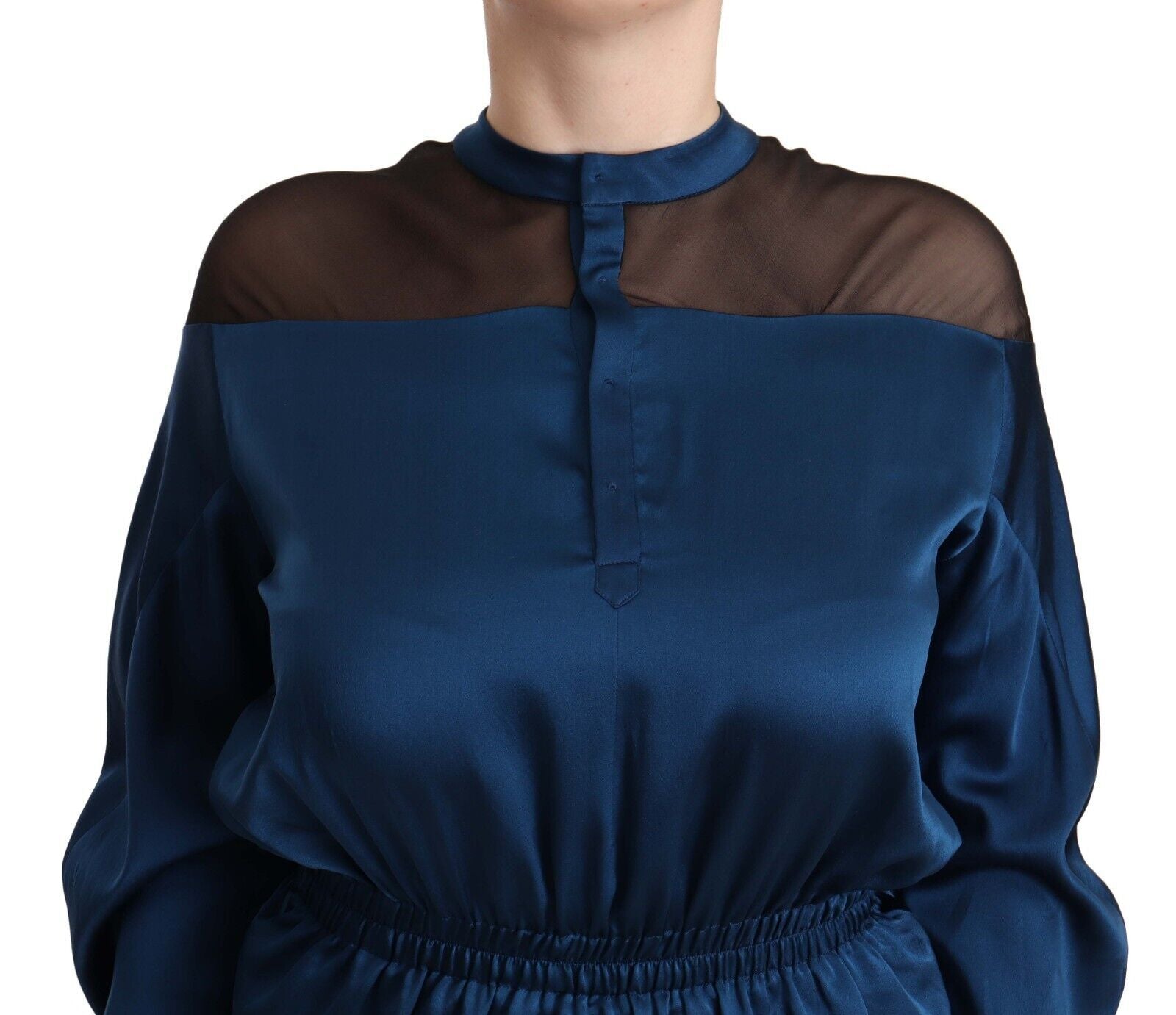 Masha Ma Blue Silk Long Sleeves Elastic Waist Top Women's Blouse