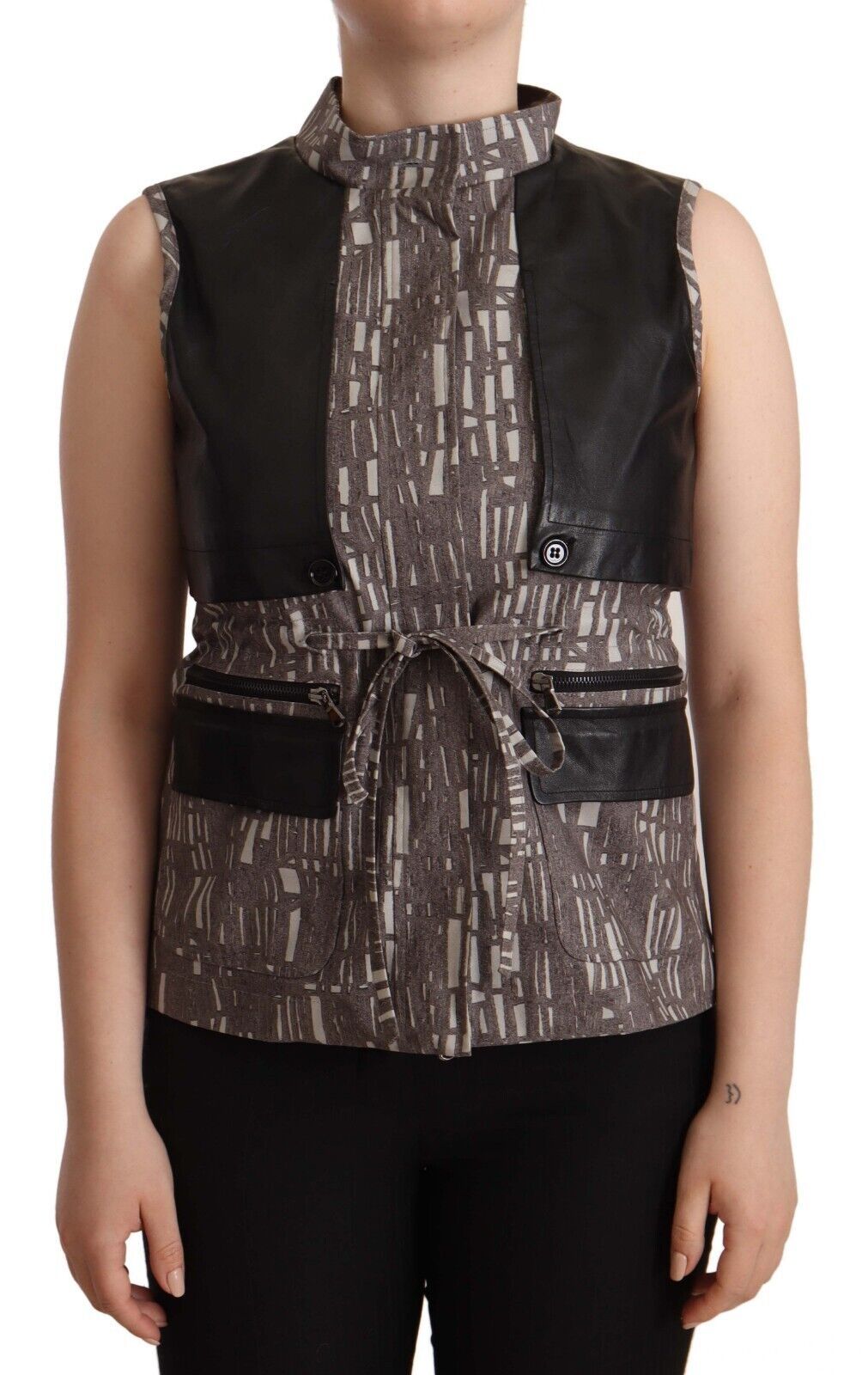 Comeforbreakfast Brown Black Vest Leather Sleeveless Top Women's Blouse