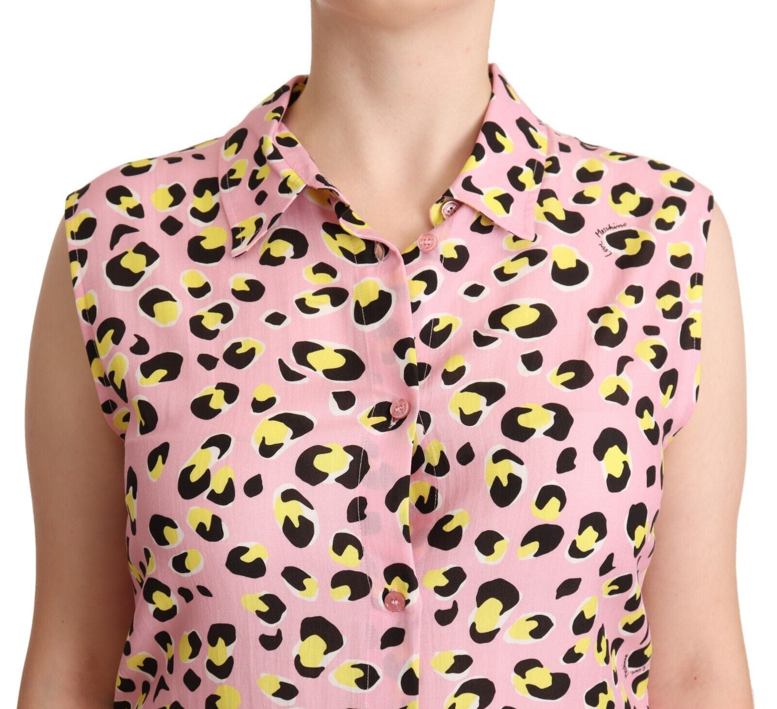 Love Moschino Pink Leopard Print Sleeveless Collared Polo Women's Top
