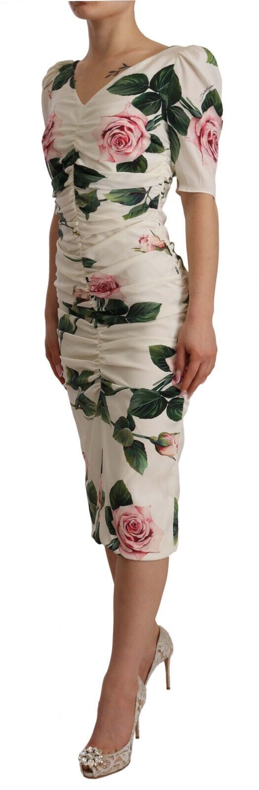 Dolce & Gabbana White Roses Print Stretch Silk Pleated Women's Dress