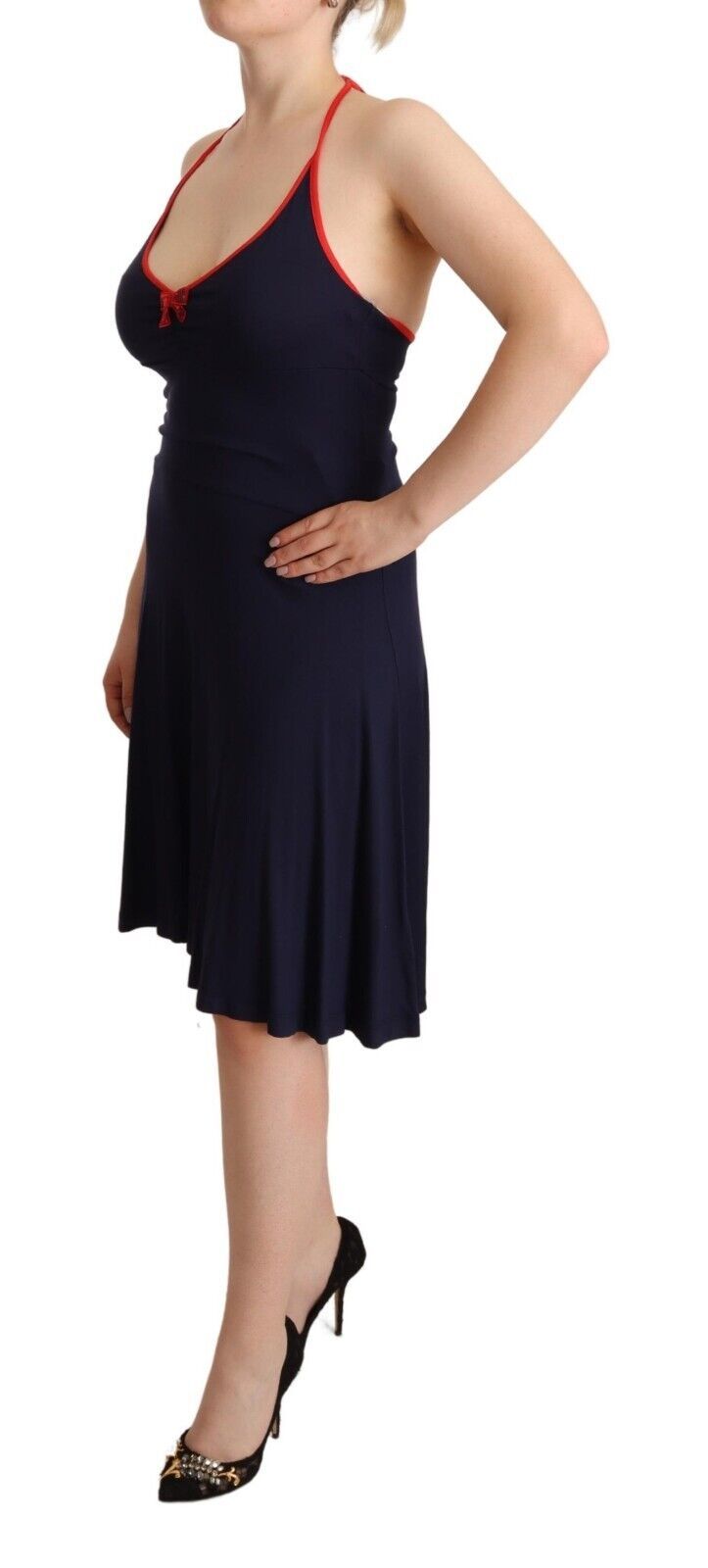 Roccobarocco Navy Blue Cotton Midi Halter Women's Dress