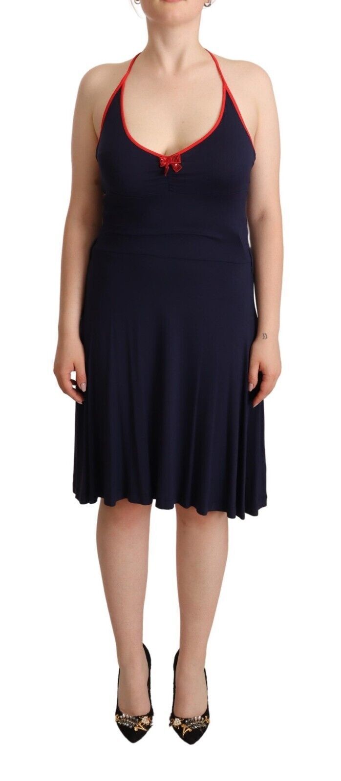 Roccobarocco Navy Blue Cotton Midi Halter Women's Dress