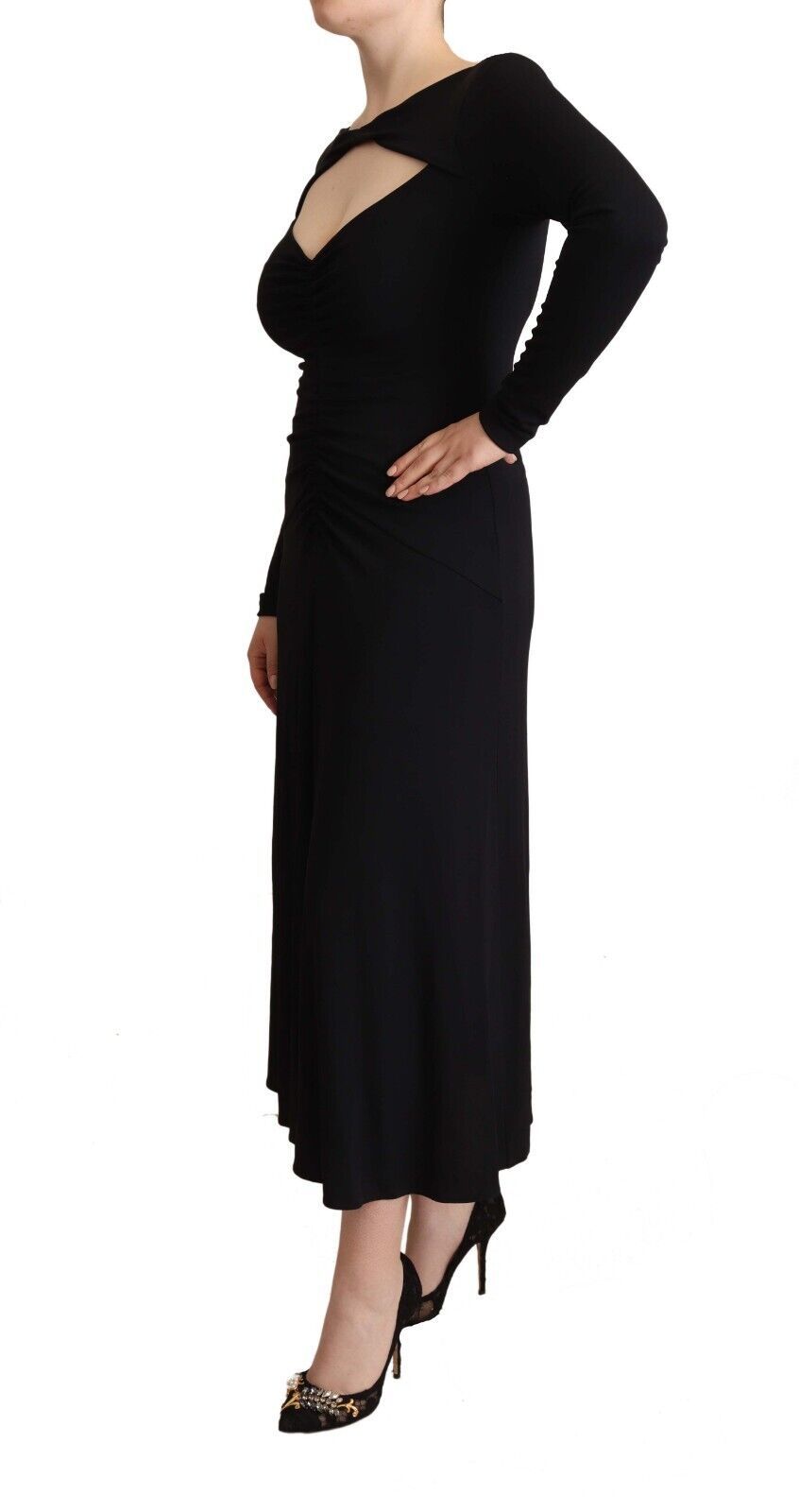 PINKO Black Nylon Stretch Long Sleeves Deep V-neck Maxi Women's Dress