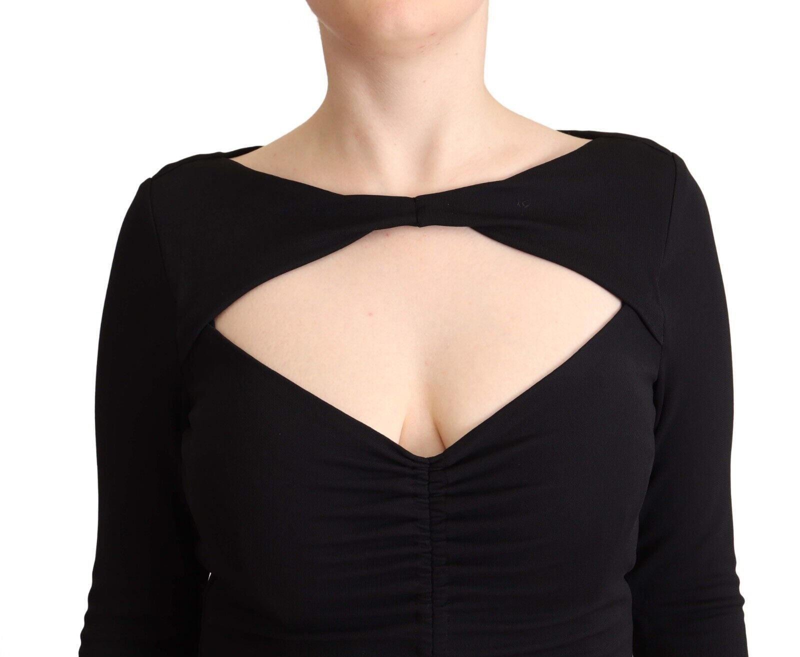 PINKO Black Nylon Stretch Long Sleeves Deep V-neck Maxi Women's Dress