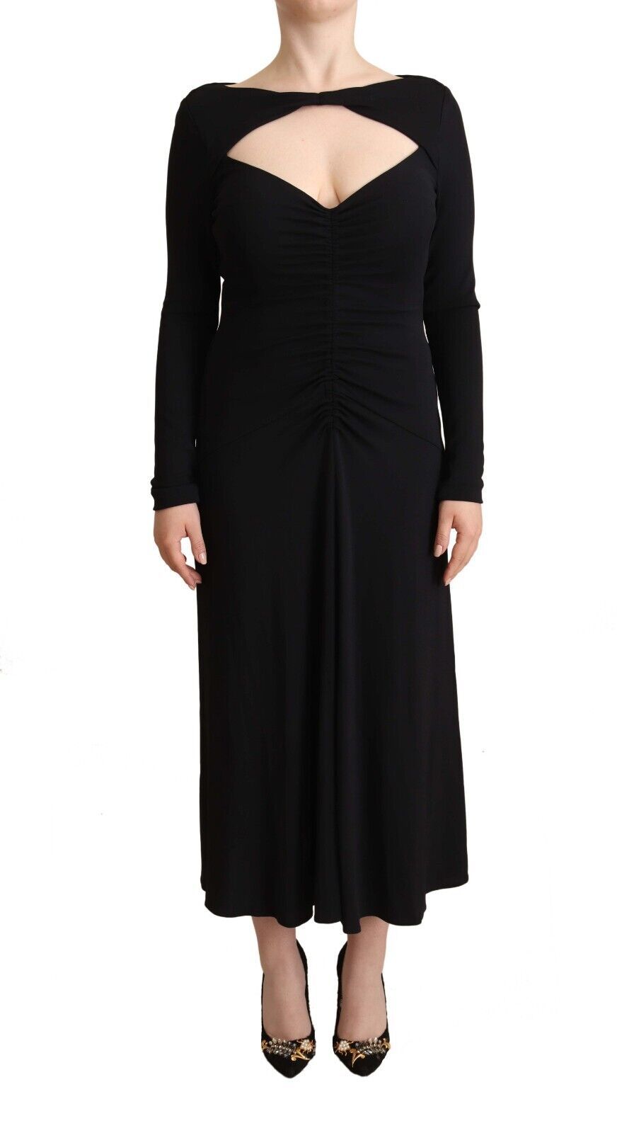 PINKO Black Nylon Stretch Long Sleeves Deep V-neck Maxi Women's Dress
