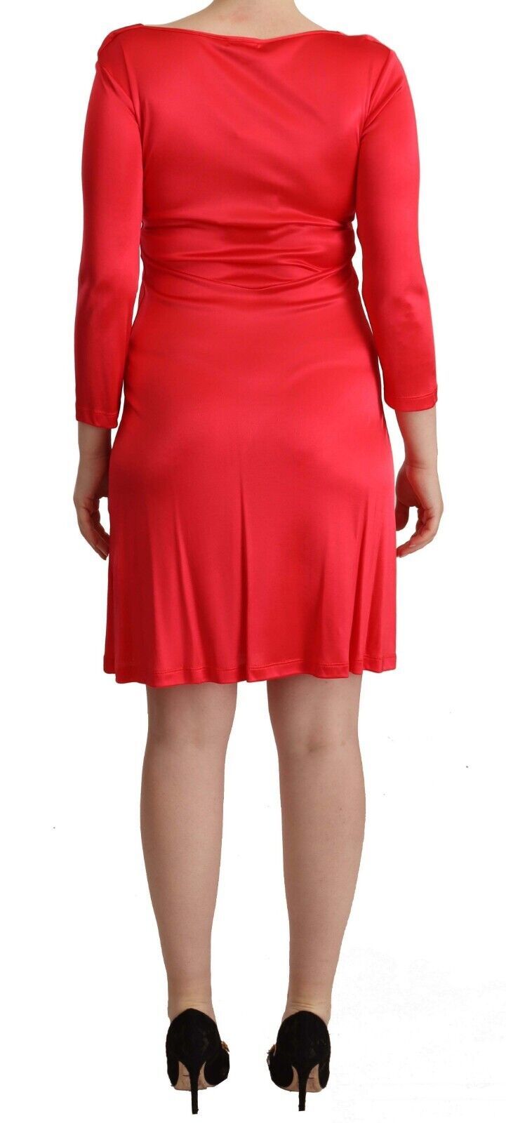 John Galliano Red Viscose 3/4 Sleeves Deep Round Neck Sheath Women's Dress